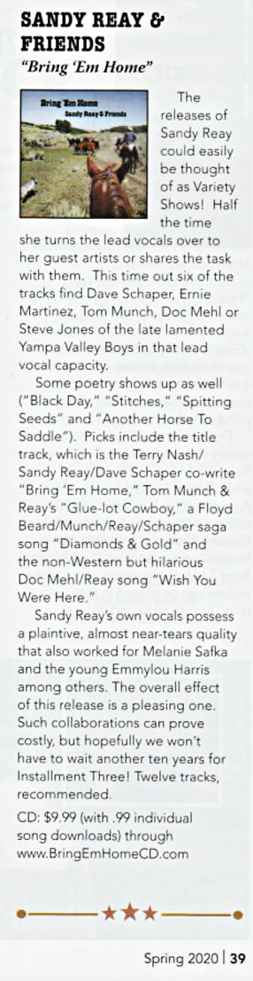 Bring 'Em Home CD Sandy Reay Terry Nash a photo of a cattle round-up from horseback CD Review by Rick Huff in The Western Way Spring 2020